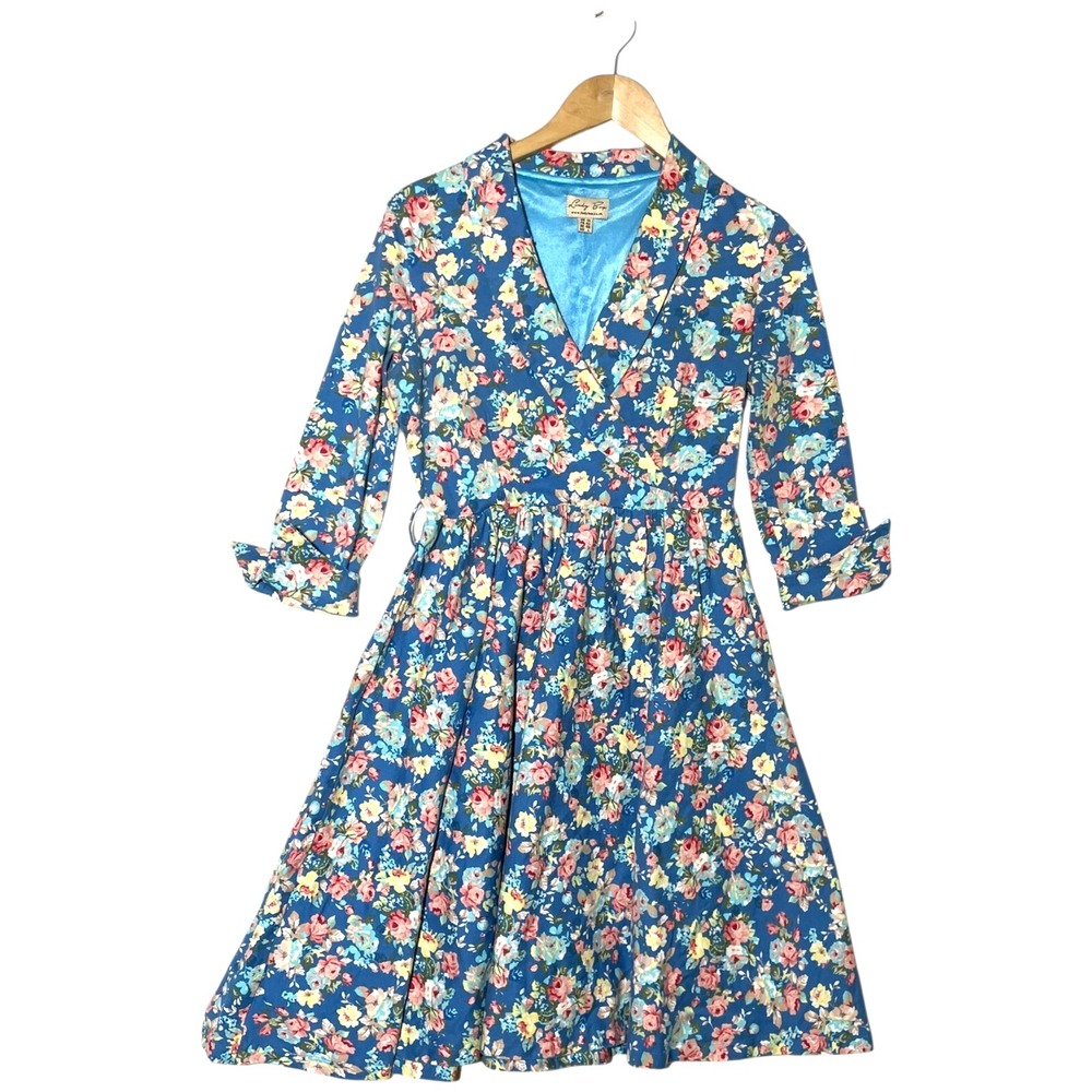 Lindy Bop Women Midi Dress Sz S Blue Vivi Floral‎ Cottagcore Retro Stretch 50s - Picture 6 of 16